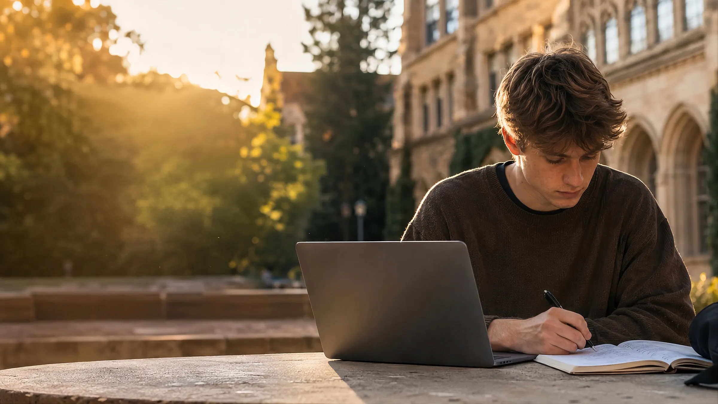 A college student on campus at golden hour.