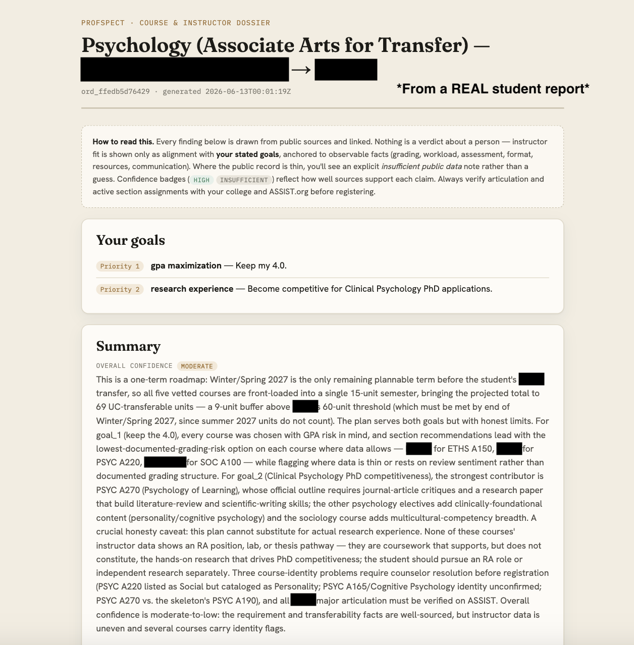 Sample Profspect report, page 1 of 4: the cover with the student's ranked goals and an overall summary, identifying details redacted.
