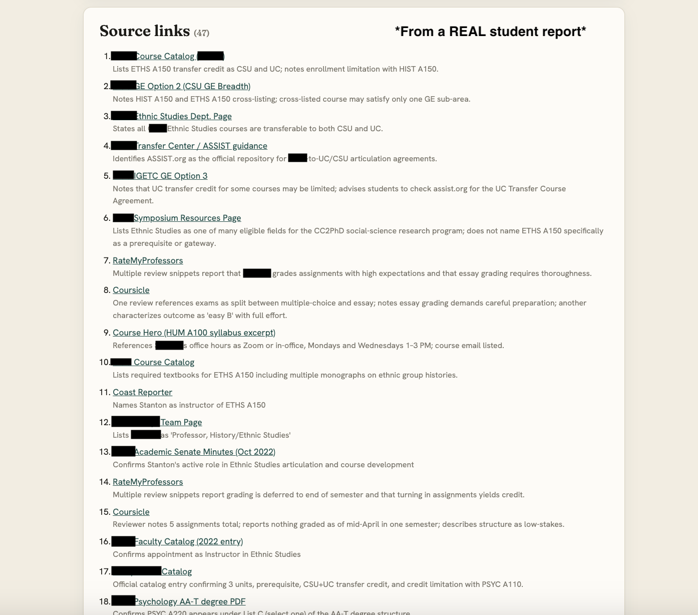 Sample Profspect report, page 4 of 4: the complete list of cited public source links behind the report, identifying details redacted.